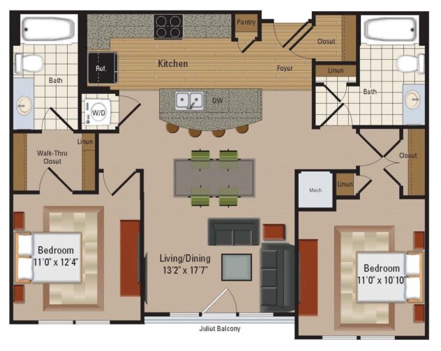 Rendering of the B4 floor plan with 2 bedroom[s] and 2 bathroom[s] at Windsor Leesburg