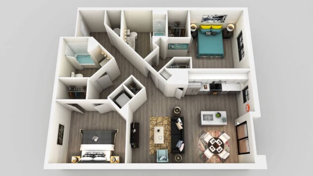 Rendering of the B4c floor plan with 2 bedroom[s] and 2 bathroom[s] at Edison on the Charles by Windsor