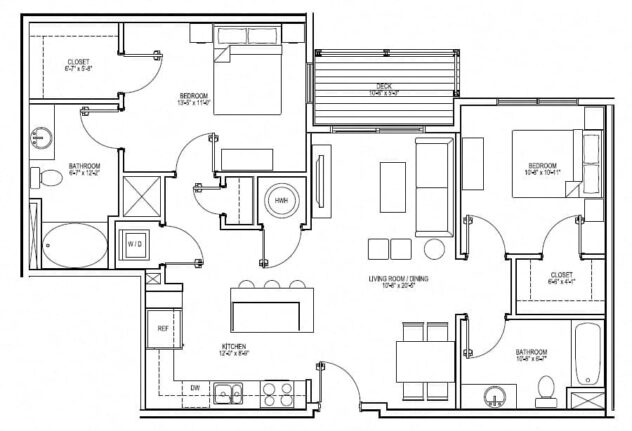 Rendering of the B4D floor plan with 2 bedroom[s] and 2 bathroom[s] at Vox on Two