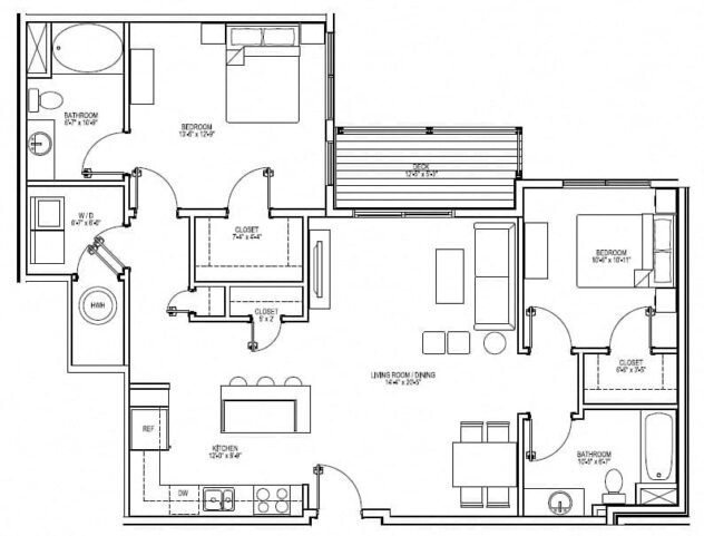 Rendering of the B4E floor plan with 2 bedroom[s] and 2 bathroom[s] at Vox on Two