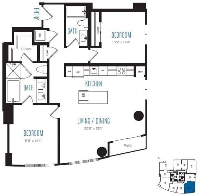 Rendering of the B5 floor plan with 2 bedroom[s] and 2 bathroom[s] at Stratus