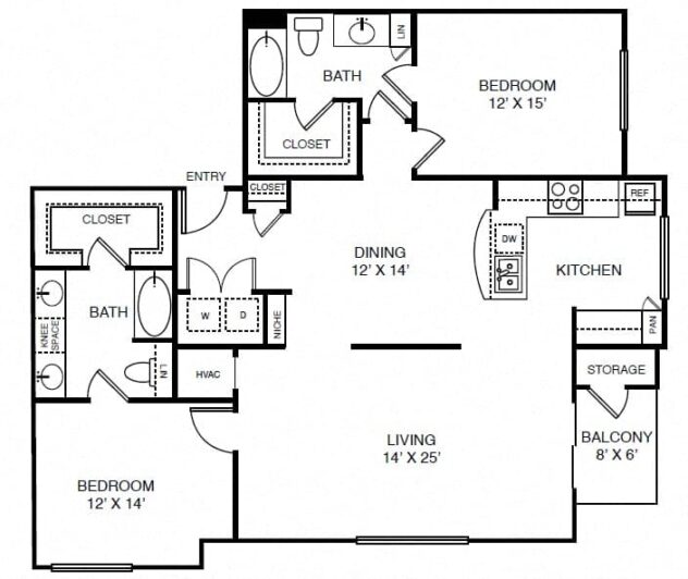 Rendering of the B5 floor plan with 2 bedroom[s] and 2 bathroom[s] at Windsor on the Lake