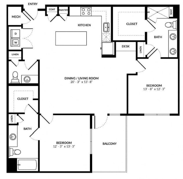 Rendering of the B5 floor plan with 2 bedroom[s] and 2.5 bathroom[s] at Windsor Preston