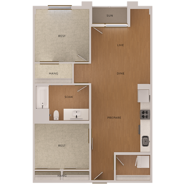 Rendering of the B5 floor plan with 2 bedroom[s] and 1 bathroom[s] at The Marston by Windsor