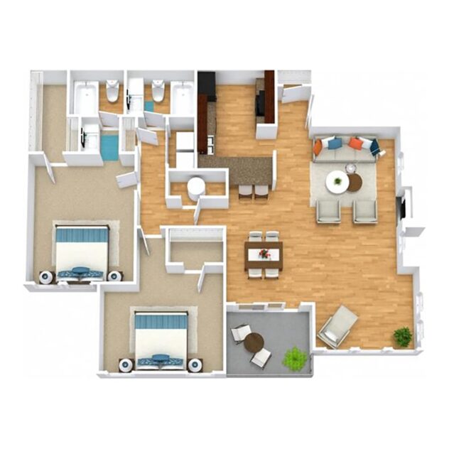 Rendering of the B5 floor plan with 2 bedroom[s] and 2 bathroom[s] at Windsor Peachtree Corners