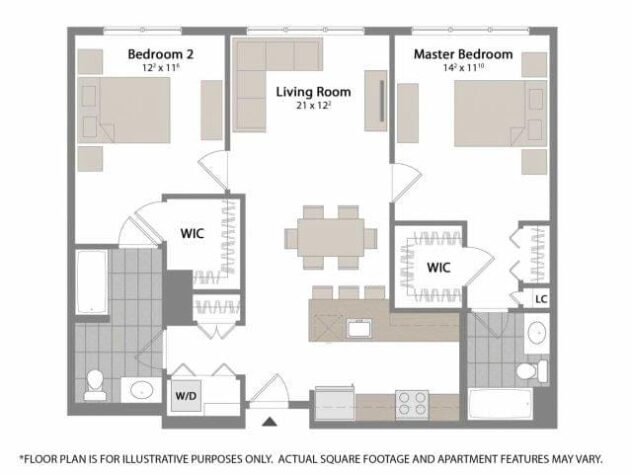 Rendering of the B5 floor plan with 2 bedroom[s] and 2 bathroom[s] at Warren at York by Windsor