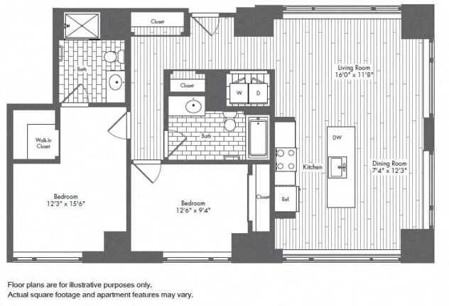 Rendering of the B5 floor plan with 2 bedroom[s] and 2 bathroom[s] at Waterside Place by Windsor