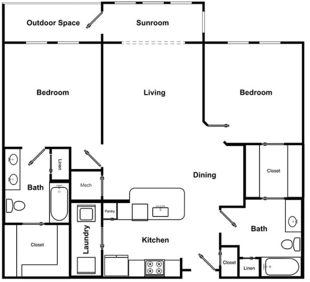 Rendering of the B5 - The Flat floor plan with 2 bedroom[s] and 2 bathroom[s] at Windsor Encore