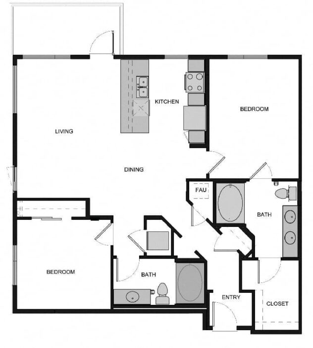 Rendering of the B5 Two Bed  2 Bath floor plan with 2 bedroom[s] and 2 bathroom[s] at South Park by Windsor