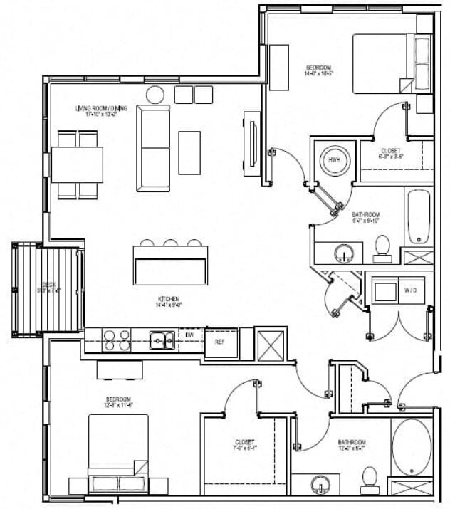 Rendering of the B5A floor plan with 2 bedroom[s] and 2 bathroom[s] at Vox on Two