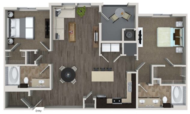 Rendering of the B5a floor plan with 2 bedroom[s] and 2 bathroom[s] at Valentia by Windsor