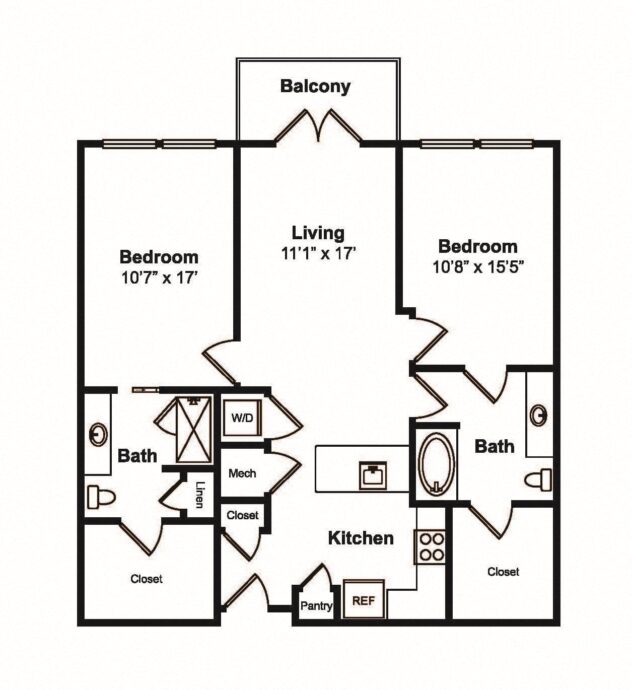 Rendering of the B6 floor plan with 2 bedroom[s] and 2 bathroom[s] at 565 Hank by Windsor