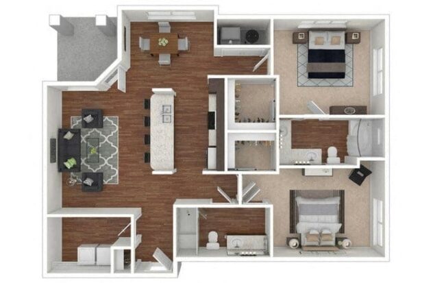 Rendering of the B6 floor plan with 2 bedroom[s] and 2 bathroom[s] at Retreat at the Flatirons