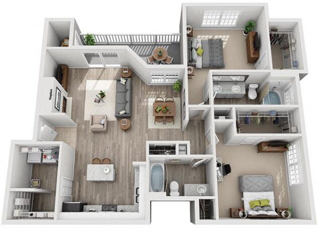 Rendering of the B6 floor plan with 2 bedroom[s] and 2 bathroom[s] at Windsor Addison Park