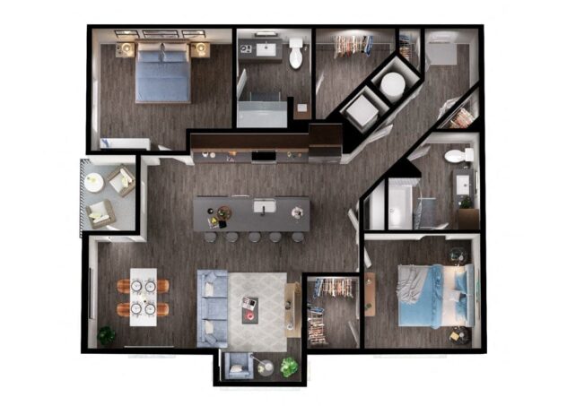 Rendering of the B6 floor plan with 2 bedroom[s] and 2 bathroom[s] at Windsor Interlock