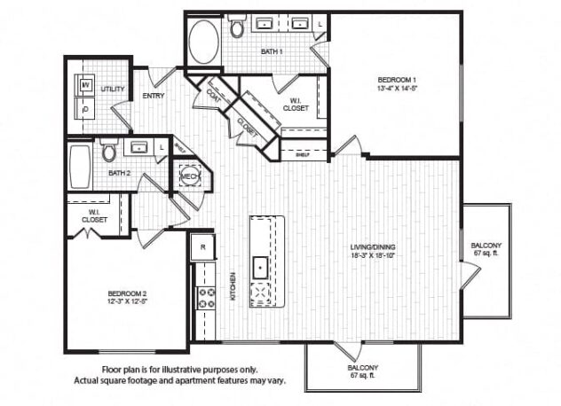 Rendering of the B6 floor plan with 2 bedroom[s] and 2 bathroom[s] at Windsor Old Fourth Ward