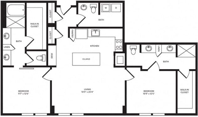 Rendering of the B6 floor plan with 2 bedroom[s] and 2 bathroom[s] at Windsor Turtle Creek