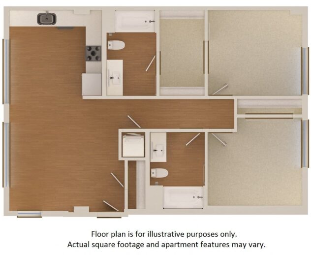 Rendering of the B6 floor plan with 2 bedroom[s] and 2 bathroom[s] at The Marston by Windsor