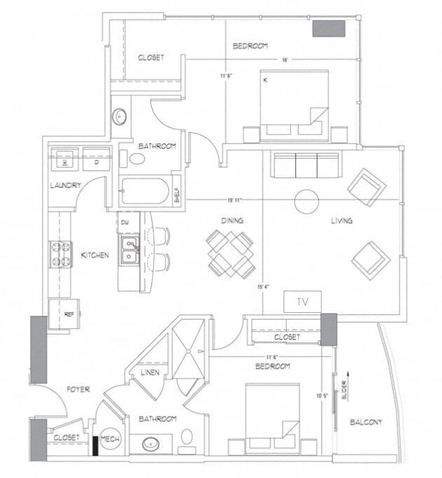 Rendering of the B6 floor plan with 2 bedroom[s] and 2 bathroom[s] at Glass House by Windsor