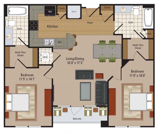 Rendering of the B6 floor plan with 2 bedroom[s] and 2 bathroom[s] at Windsor Leesburg