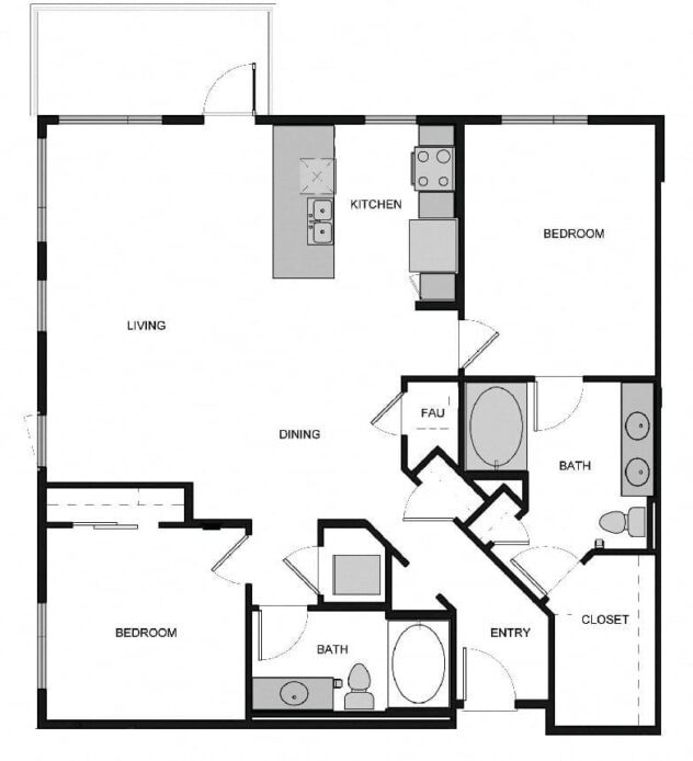 Rendering of the B6 Two Bed  2 Bath floor plan with 2 bedroom[s] and 2 bathroom[s] at South Park by Windsor