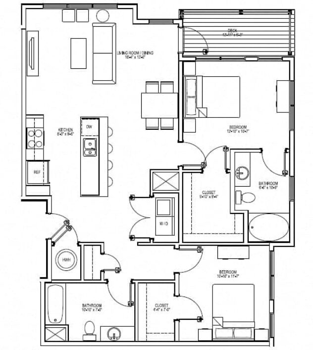 Rendering of the B6A floor plan with 2 bedroom[s] and 2 bathroom[s] at Vox on Two