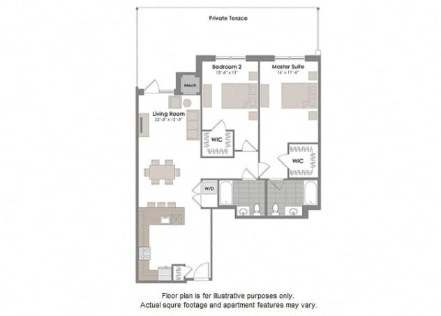 Rendering of the B6T floor plan with 2 bedroom[s] and 2 bathroom[s] at Twenty50 by Windsor