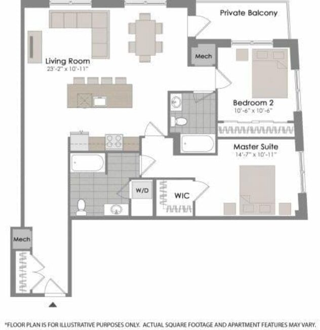 Rendering of the B7 floor plan with 2 bedroom[s] and 2 bathroom[s] at Twenty50 by Windsor