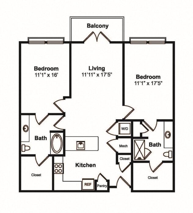 Rendering of the B7 floor plan with 2 bedroom[s] and 2 bathroom[s] at 565 Hank by Windsor