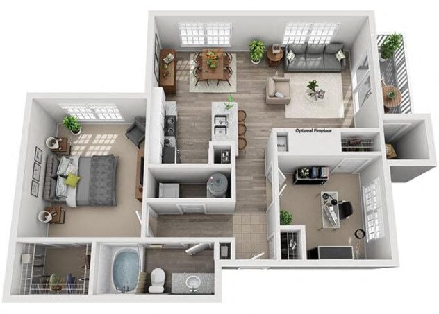 Rendering of the B7 floor plan with 2 bedroom[s] and 1 bathroom[s] at Windsor Addison Park