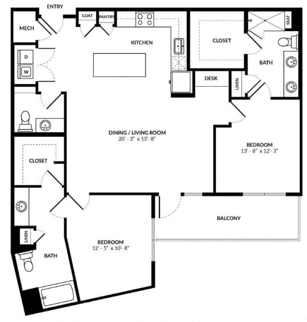 Rendering of the B7 floor plan with 2 bedroom[s] and 2.5 bathroom[s] at Windsor Preston