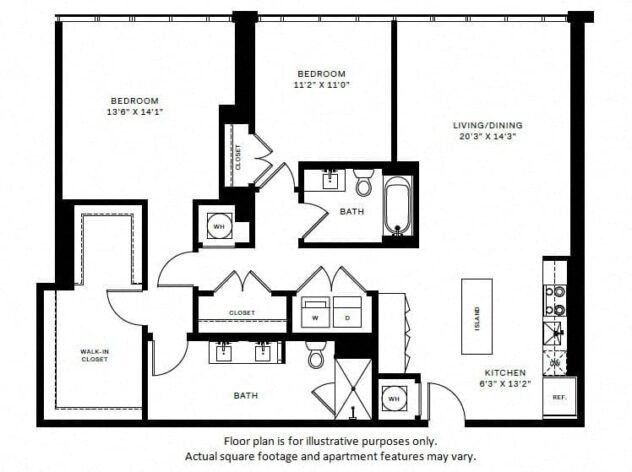 Rendering of the B7 floor plan with 2 bedroom[s] and 2 bathroom[s] at Windsor Bethesda