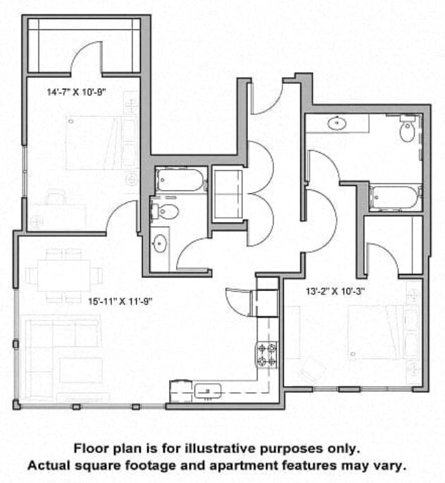 Rendering of the B8 2 Bed-2 South floor plan with 2 bedroom[s] and 2 bathroom[s] at The Whittaker