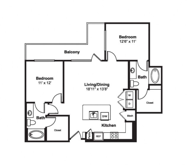 Rendering of the B8 floor plan with 2 bedroom[s] and 2 bathroom[s] at Windsor Fitzhugh