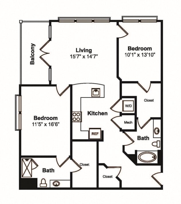 Rendering of the B8 floor plan with 2 bedroom[s] and 2 bathroom[s] at 565 Hank by Windsor