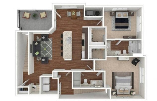 Rendering of the B8 floor plan with 2 bedroom[s] and 2 bathroom[s] at Retreat at the Flatirons