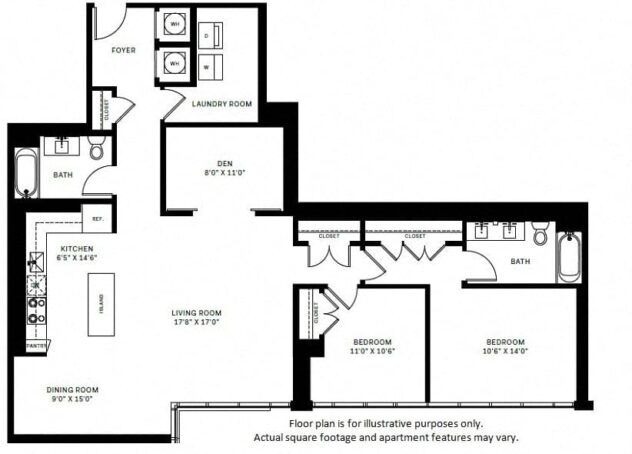 Rendering of the B8 floor plan with 2 bedroom[s] and 2 bathroom[s] at Windsor Bethesda