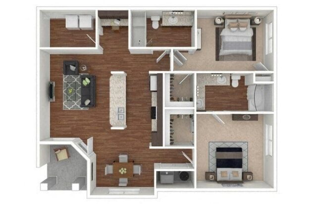 Rendering of the B9 floor plan with 2 bedroom[s] and 2 bathroom[s] at Retreat at the Flatirons