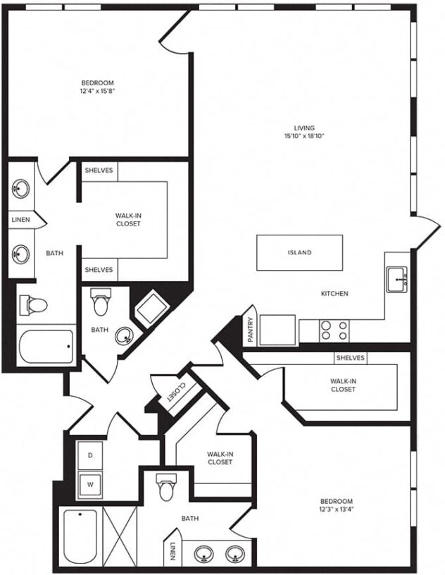 Rendering of the B9 floor plan with 2 bedroom[s] and 2 bathroom[s] at Windsor Turtle Creek