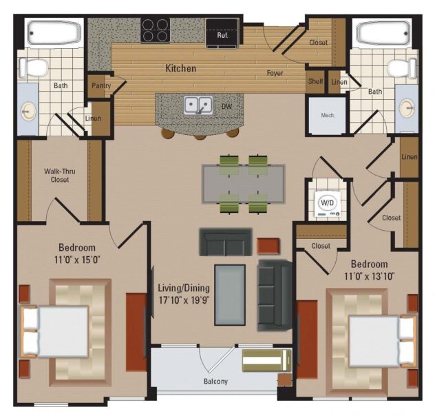 Rendering of the B9 floor plan with 2 bedroom[s] and 2 bathroom[s] at Windsor Leesburg