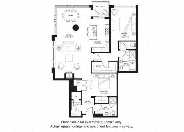 Rendering of the B9 North floor plan with 2 bedroom[s] and 2 bathroom[s] at The Bravern