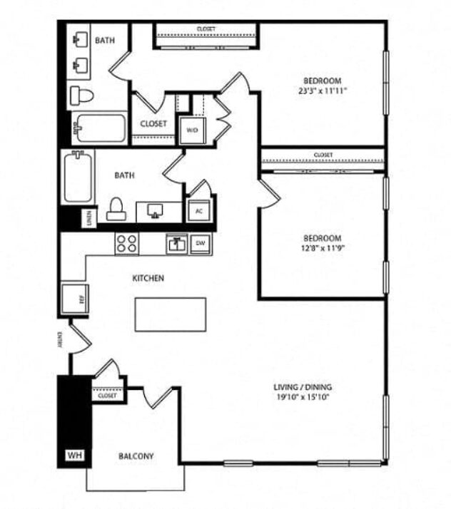 Rendering of the Bamboo floor plan with 2 bedroom[s] and 2 bathroom[s] at Boardwalk by Windsor