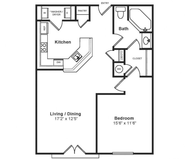 Rendering of the Bari floor plan with 1 bedroom[s] and 1 bathroom[s] at Windsor at Midtown