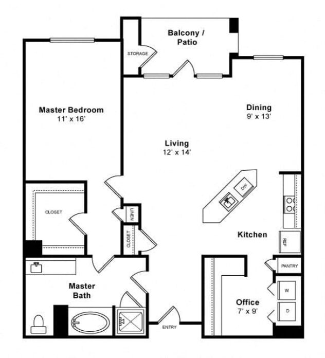 Rendering of the Bay floor plan with 1 bedroom[s] and 1 bathroom[s] at Allegro at Jack London Square