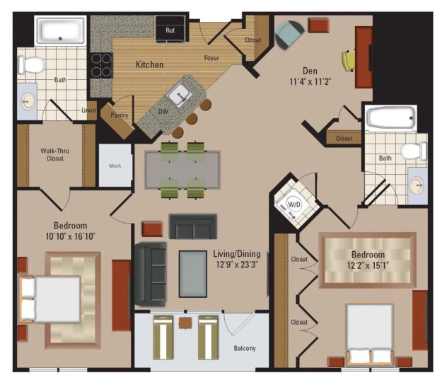 Rendering of the BD1 floor plan with 2 bedroom[s] and 2 bathroom[s] at Windsor Leesburg