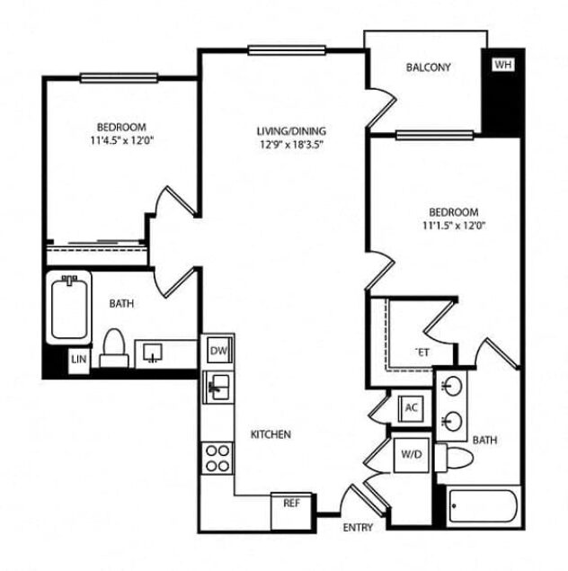 Rendering of the Beach floor plan with 2 bedroom[s] and 2 bathroom[s] at Boardwalk by Windsor