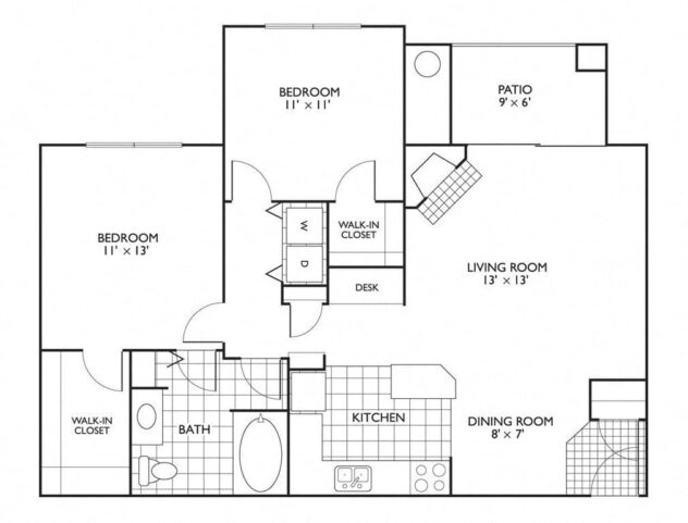 Rendering of the Bennington floor plan with 2 bedroom[s] and 1 bathroom[s] at Reflections by Windsor