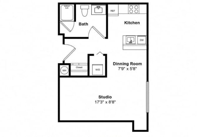 Rendering of the Bodden floor plan with a Studio bedroom and 1 bathroom[s] at Tera Apartments