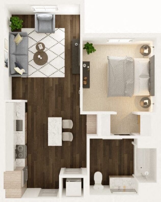 Rendering of the Brink floor plan with 1 bedroom[s] and 1 bathroom[s] at Windsor Totem Lake