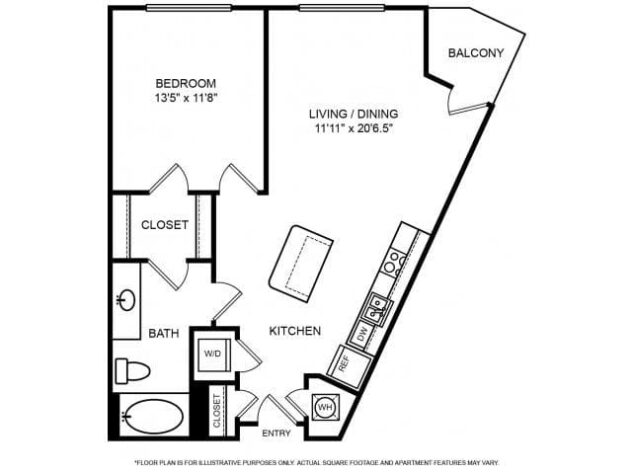 Rendering of the Broadway floor plan with 1 bedroom[s] and 1 bathroom[s] at The Ridgewood by Windsor